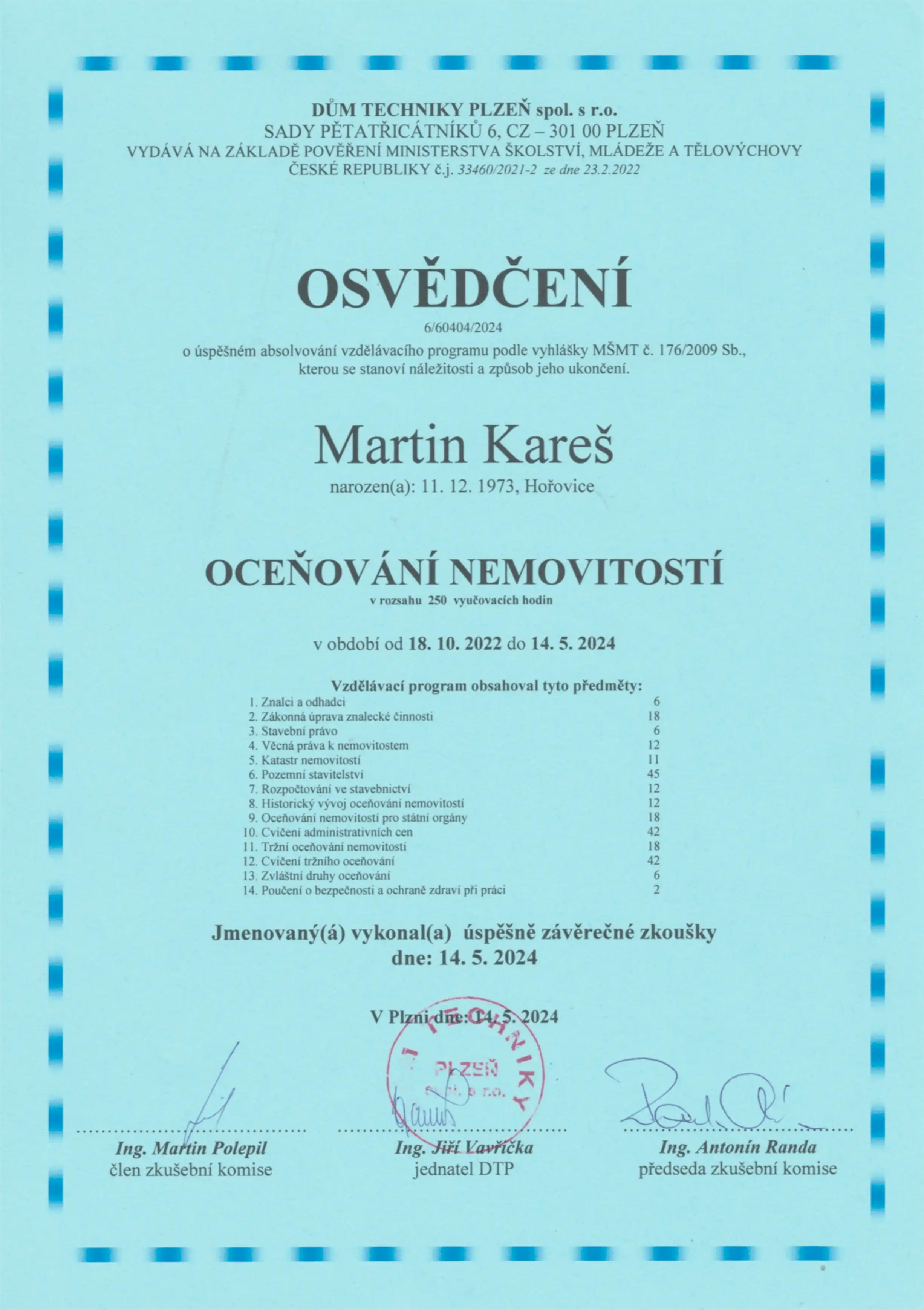 Ocenění nemovitostí - Certifikát