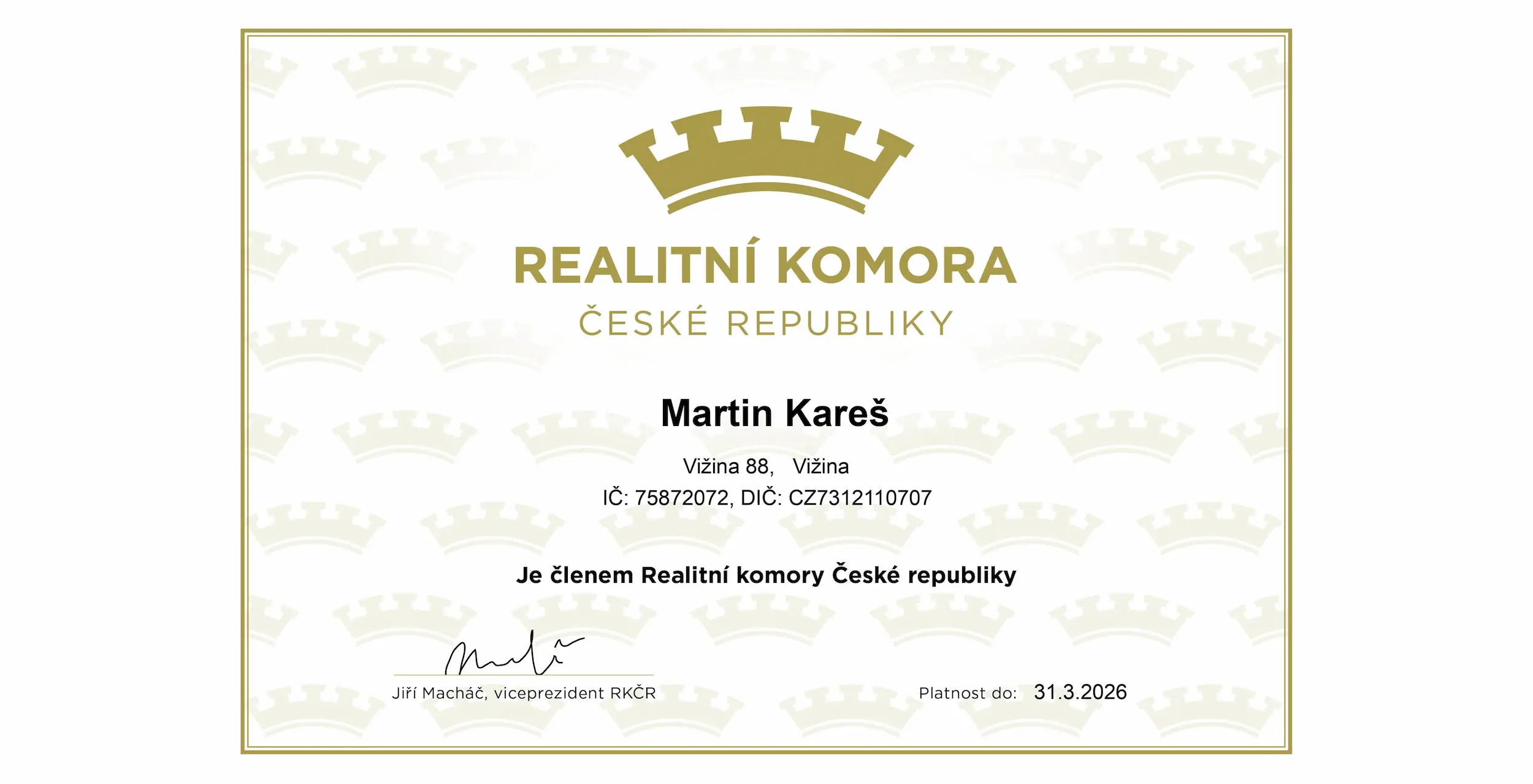 Realitní komora ČR - Certifikát do 3/2026